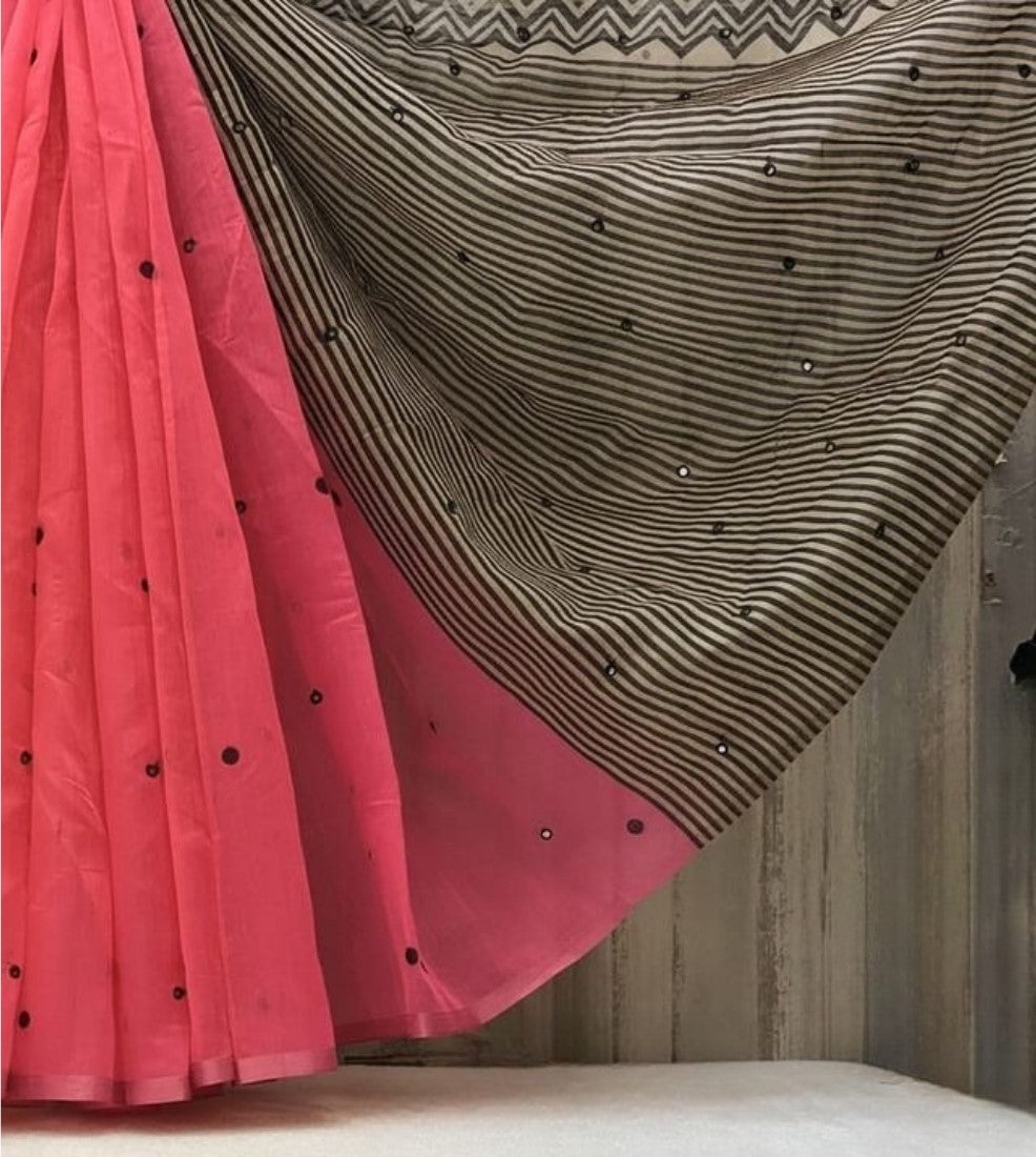 Women's Linen Striped Saree With Unstitched Blouse - 5.5 Mtr (Pink)