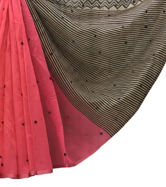 Women's Linen Striped Saree With Unstitched Blouse - 5.5 Mtr (Pink)