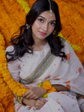 Women's Linen Floral Printed Saree With Unstitched Blouse - 5.5 Mtr (White-Orange)