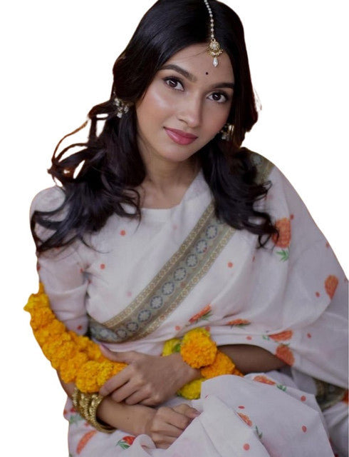Women's Linen Floral Printed Saree With Unstitched Blouse - 5.5 Mtr (White-Orange)