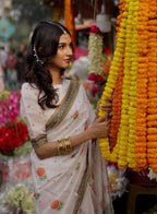 Women's Linen Floral Printed Saree With Unstitched Blouse - 5.5 Mtr (White-Orange)