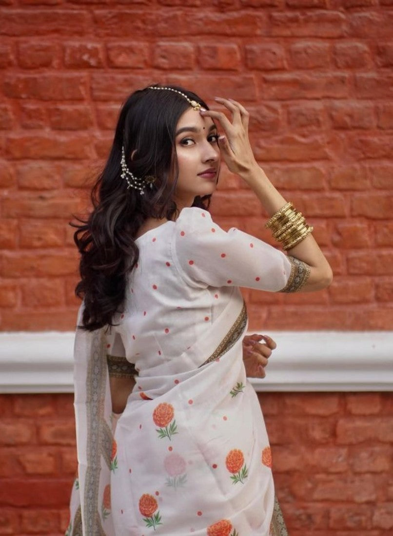 Women's Linen Floral Printed Saree With Unstitched Blouse - 5.5 Mtr (White-Orange)