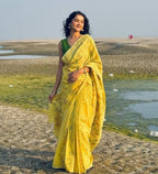 Women's Linen Floral Printed Saree With Unstitched Blouse - 5.5 Mtr (Yellow)