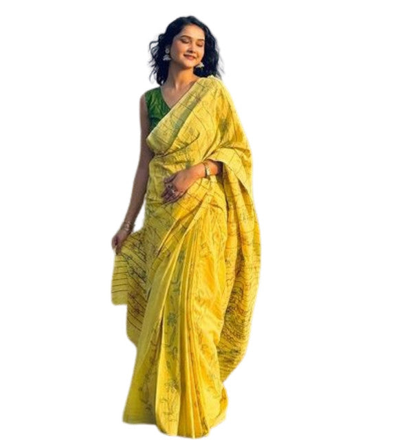 Women's Linen Floral Printed Saree With Unstitched Blouse - 5.5 Mtr (Yellow)