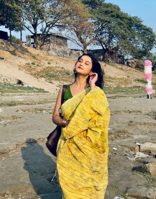 Women's Linen Floral Printed Saree With Unstitched Blouse - 5.5 Mtr (Yellow)