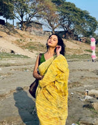 Women's Linen Floral Printed Saree With Unstitched Blouse - 5.5 Mtr (Yellow)