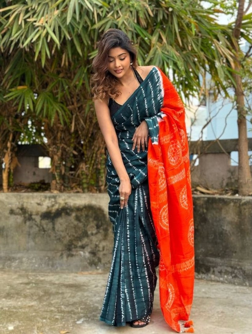 Women's Linen Printed Saree With Unstitched Blouse - 5.5 Mtr (Teal-Orange)
