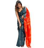 Women's Linen Printed Saree With Unstitched Blouse - 5.5 Mtr (Teal-Orange)