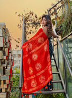 Women's Linen Printed Saree With Unstitched Blouse - 5.5 Mtr (Teal-Orange)