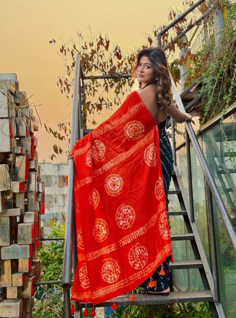 Women's Linen Printed Saree With Unstitched Blouse - 5.5 Mtr (Teal-Orange)