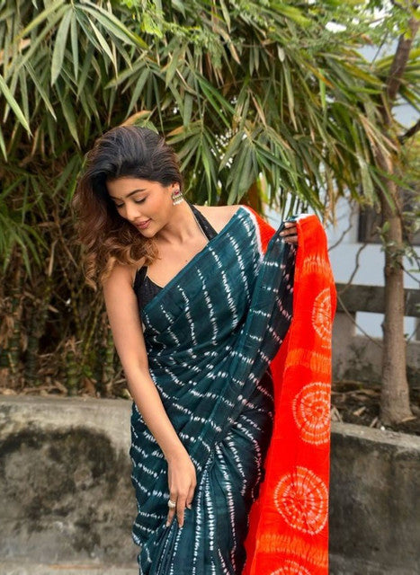 Women's Linen Printed Saree With Unstitched Blouse - 5.5 Mtr (Teal-Orange)
