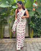 Women's Linen Printed Saree With Unstitched Blouse - 5.5 Mtr (White-Wine)