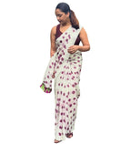Women's Linen Printed Saree With Unstitched Blouse - 5.5 Mtr (White-Wine)