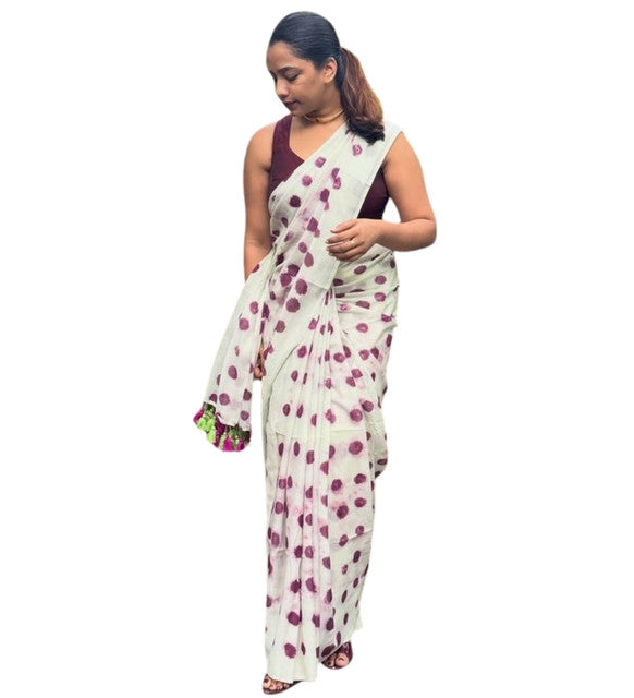 Women's Linen Printed Saree With Unstitched Blouse - 5.5 Mtr (White-Wine)