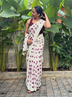 Women's Linen Printed Saree With Unstitched Blouse - 5.5 Mtr (White-Wine)