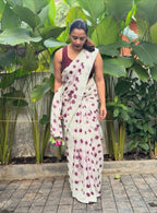Women's Linen Printed Saree With Unstitched Blouse - 5.5 Mtr (White-Wine)