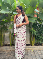 Women's Linen Printed Saree With Unstitched Blouse - 5.5 Mtr (White-Wine)