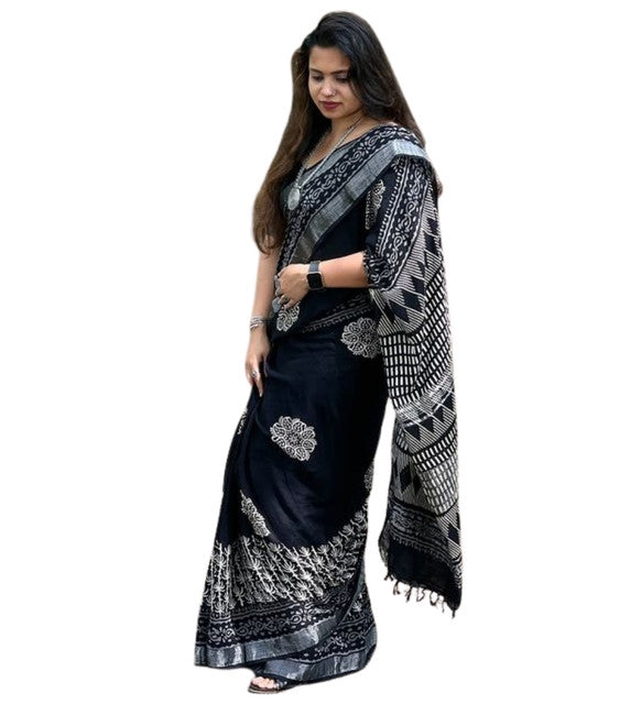 Women's Linen Floral Printed Saree With Unstitched Blouse - 5.5 Mtr (Black)