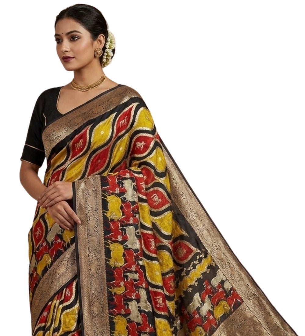 Women's Art Silk Kalamkari Printed Saree With Unstitched Blouse - 5.5 Mtr (Multicolor)