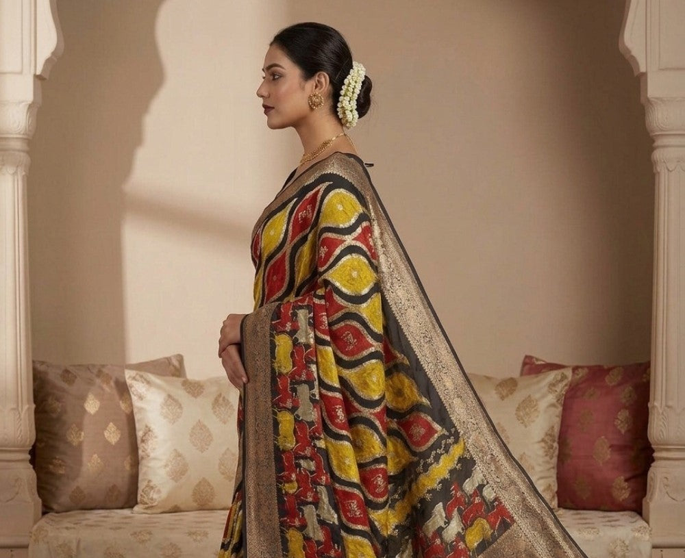 Women's Art Silk Kalamkari Printed Saree With Unstitched Blouse - 5.5 Mtr (Multicolor)