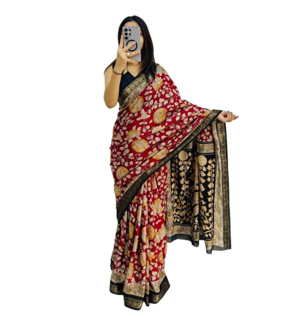 Women's Linen Floral Printed Saree With Unstitched Blouse - 5.5 Mtr (Maroon)