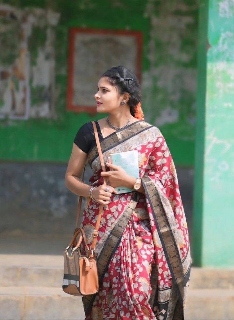 Women's Linen Floral Printed Saree With Unstitched Blouse - 5.5 Mtr (Maroon)