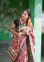 Women's Linen Floral Printed Saree With Unstitched Blouse - 5.5 Mtr (Maroon)