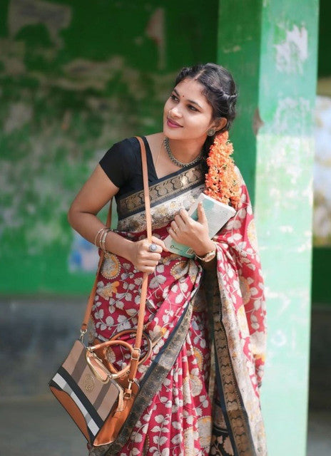 Women's Linen Floral Printed Saree With Unstitched Blouse - 5.5 Mtr (Maroon)