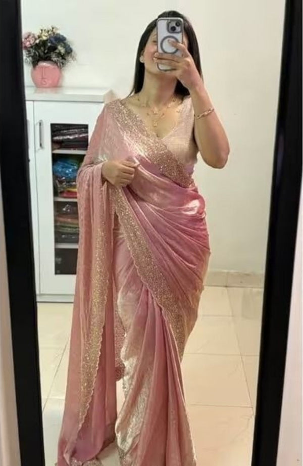 Women's Fendy Chiffon Embellished Saree With Unstitched Blouse - 5.5 Mtr (Peach)