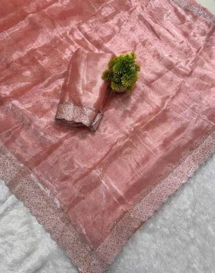 Women's Fendy Chiffon Embellished Saree With Unstitched Blouse - 5.5 Mtr (Peach)