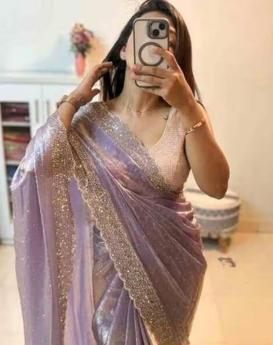 Women's Fendy Chiffon Embellished Saree With Unstitched Blouse - 5.5 Mtr (Lavender)