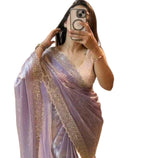 Women's Fendy Chiffon Embellished Saree With Unstitched Blouse - 5.5 Mtr (Lavender)