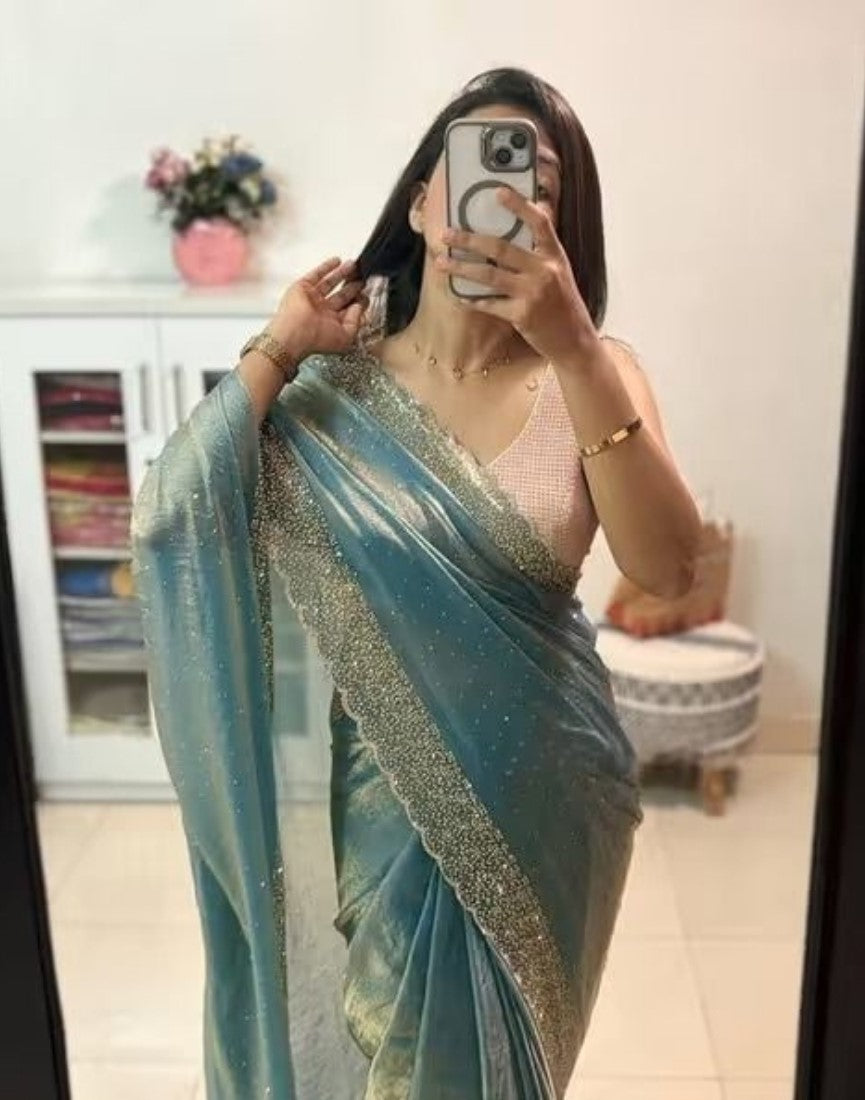 Women's Fendy Chiffon Embellished Saree With Unstitched Blouse - 5.5 Mtr (Sea Green)