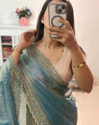 Women's Fendy Chiffon Embellished Saree With Unstitched Blouse - 5.5 Mtr (Sea Green)