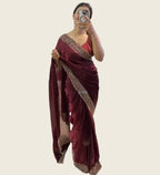 Women's Fendy Chiffon Embellished Saree With Unstitched Blouse - 5.5 Mtr (Wine)