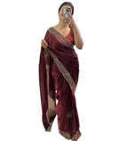 Women's Fendy Chiffon Embellished Saree With Unstitched Blouse - 5.5 Mtr (Wine)