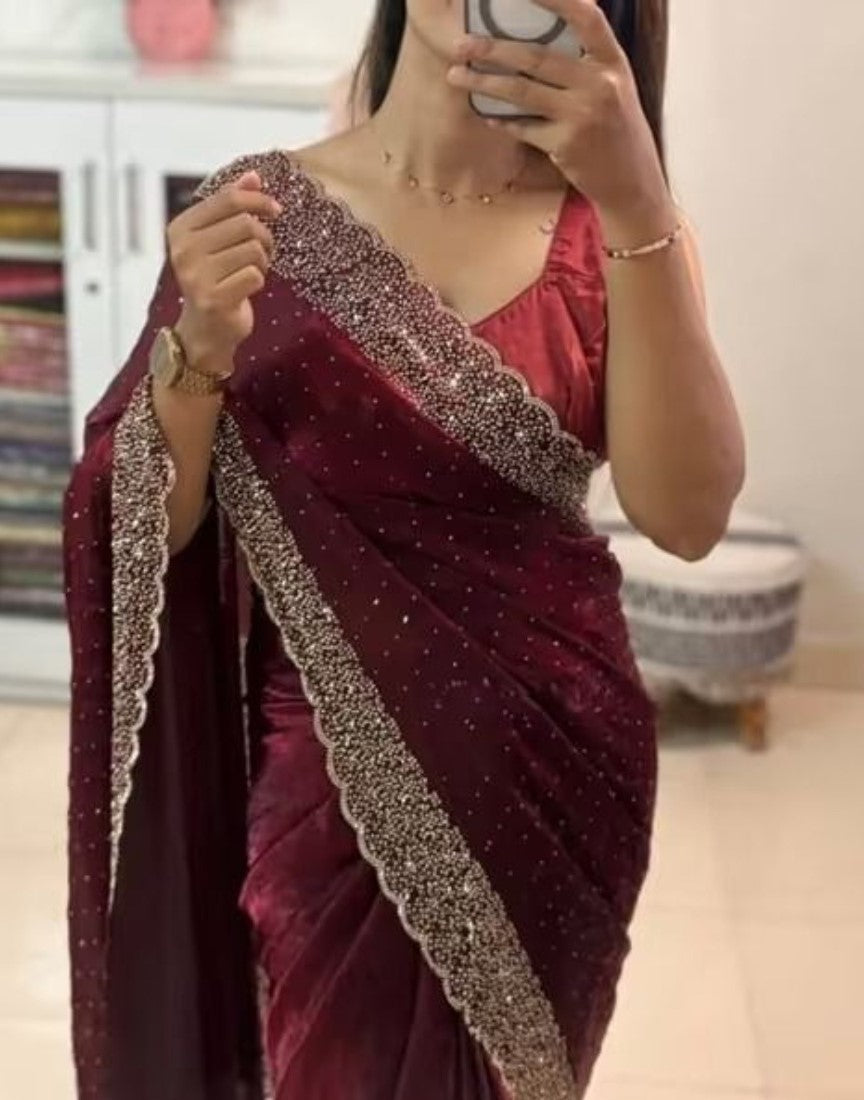 Women's Fendy Chiffon Embellished Saree With Unstitched Blouse - 5.5 Mtr (Wine)