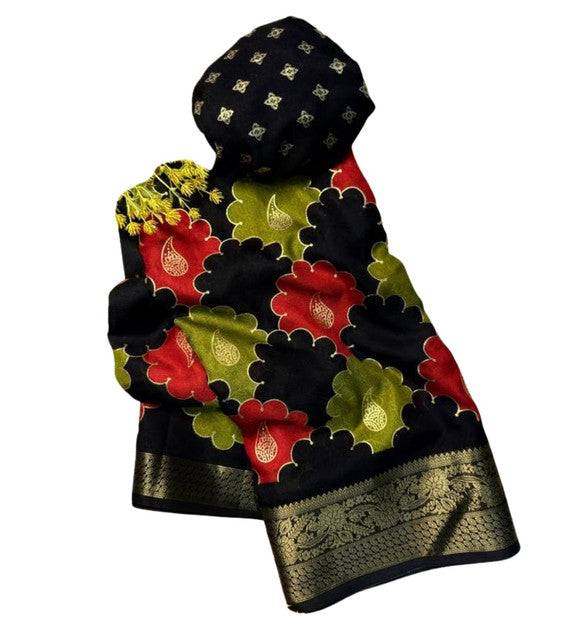 Women's Dola Silk Kalamkari Floral Printed Saree With Unstitched Blouse - 5.5 Mtr (Multicolor)
