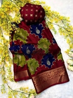 Women's Dola Silk Kalamkari Floral Printed Saree With Unstitched Blouse - 5.5 Mtr (Multicolor)