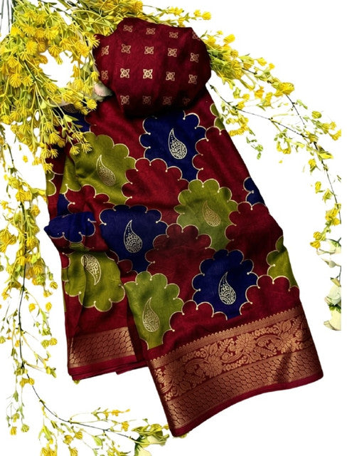 Women's Dola Silk Kalamkari Floral Printed Saree With Unstitched Blouse - 5.5 Mtr (Multicolor)