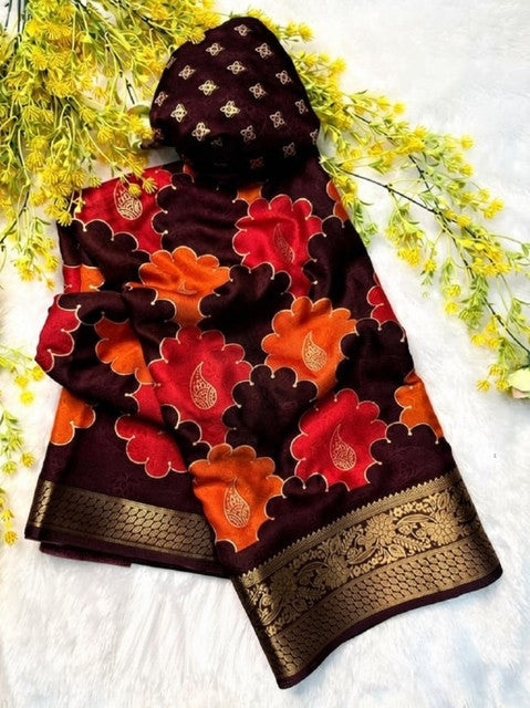 Women's Dola Silk Kalamkari Floral Printed Saree With Unstitched Blouse - 5.5 Mtr (Multicolor)