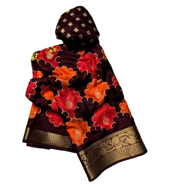 Women's Dola Silk Kalamkari Floral Printed Saree With Unstitched Blouse - 5.5 Mtr (Multicolor)