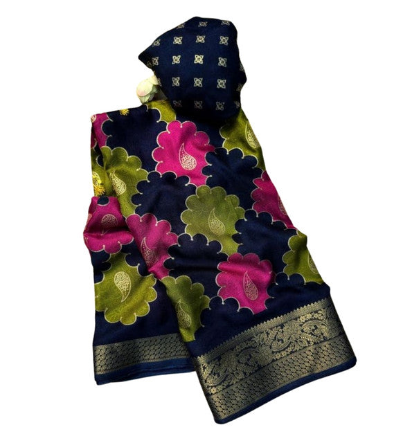 Women's Dola Silk Kalamkari Floral Printed Saree With Unstitched Blouse - 5.5 Mtr (Multicolor)