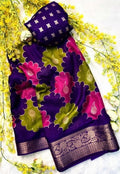 Women's Dola Silk Kalamkari Floral Printed Saree With Unstitched Blouse - 5.5 Mtr (Multicolor)