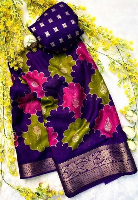 Women's Dola Silk Kalamkari Floral Printed Saree With Unstitched Blouse - 5.5 Mtr (Multicolor)