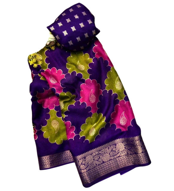 Women's Dola Silk Kalamkari Floral Printed Saree With Unstitched Blouse - 5.5 Mtr (Multicolor)