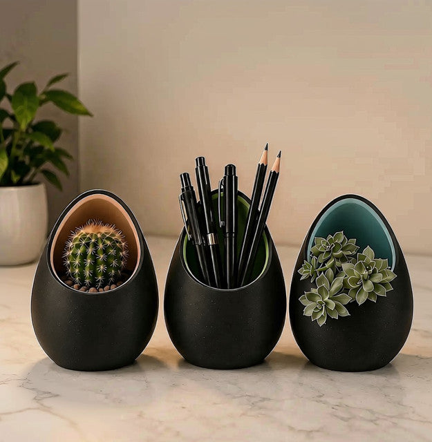 Plastic Egg Shaped Nest Planters Set of 3 Pieces (Black)