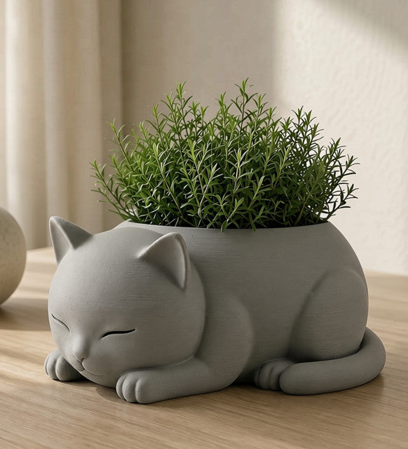 Plastic Adorable Sleeping Cat Planter (Only Planter) (Grey)