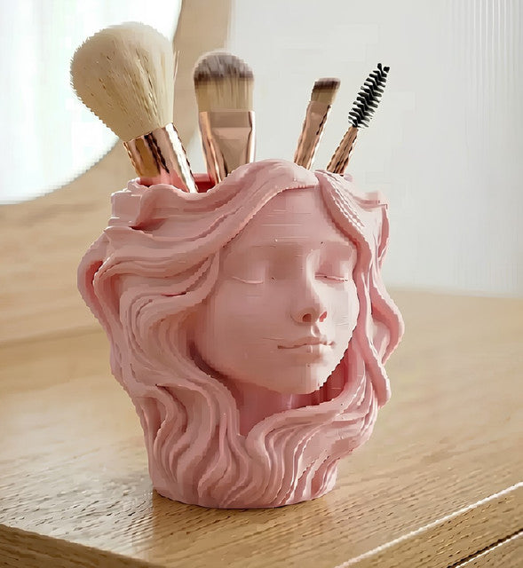 Plastic Elegant Lady Face Makeup Brush Holder (Pastel Pink)