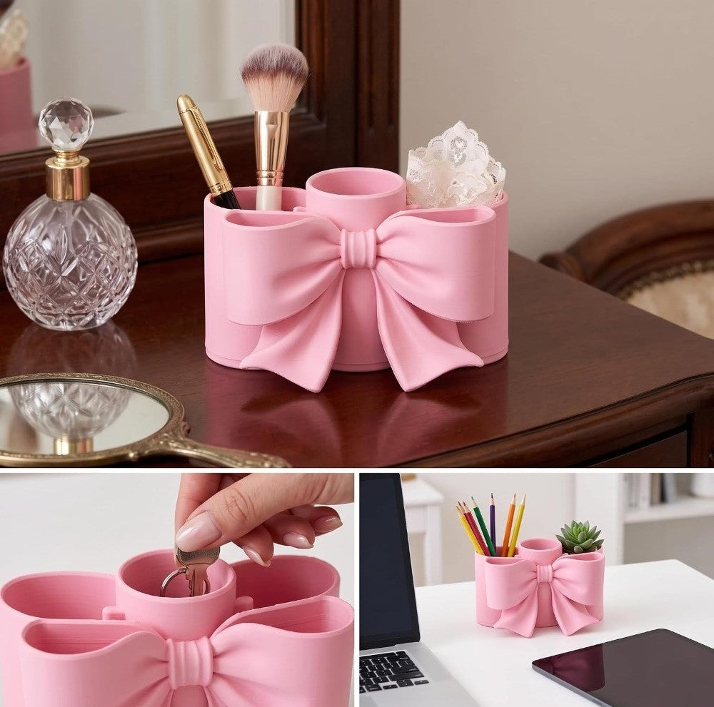 Plastic Makeup Brush Holder - Bow (Pink)